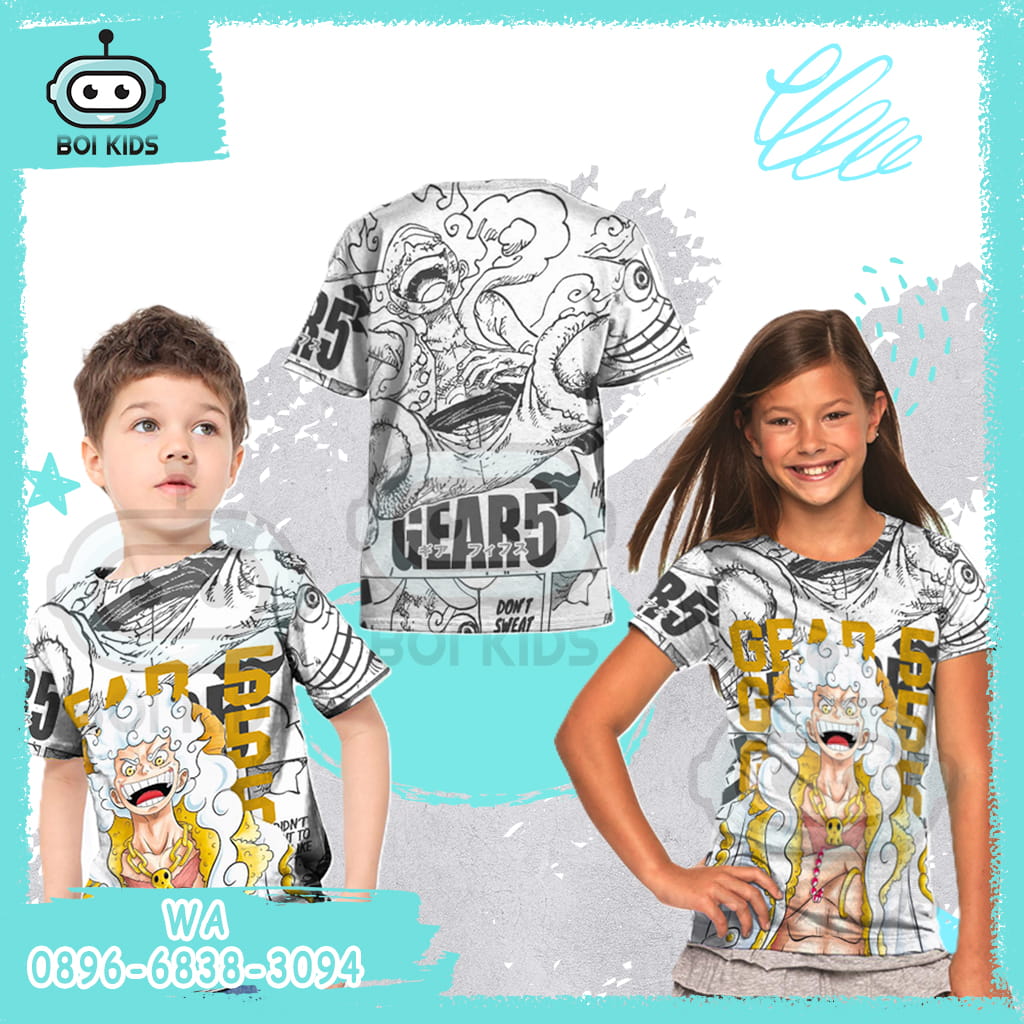 Kaos Luffy Gear 5 Anak Warna Putih